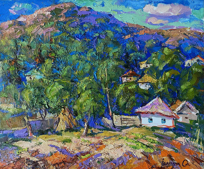 Vibrant impressionist oil painting by Oleksiy Ivanyuk: village in lush valley