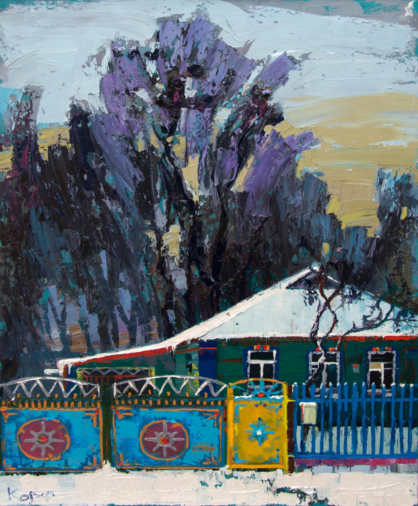 Oil painting of vibrant blue-yellow snow-covered gates by Natalia Korf-Ivaniuk