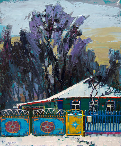 Oil painting of vibrant blue-yellow snow-covered gates by Natalia Korf-Ivaniuk