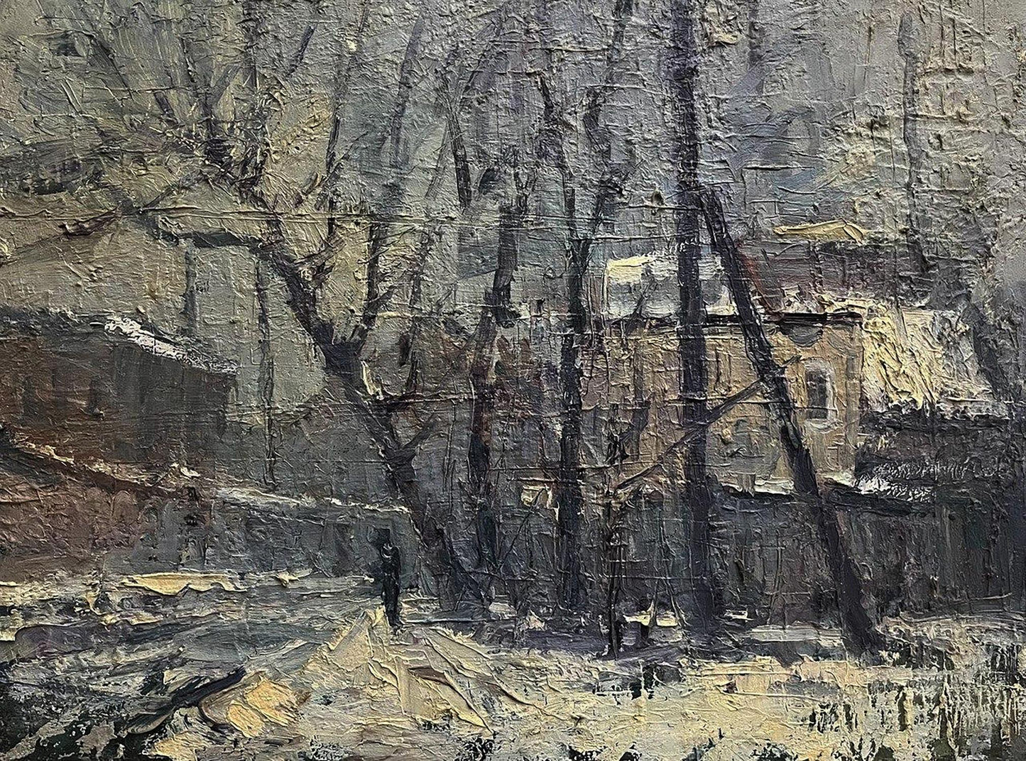 Textured impressionistic oil painting of snowy village by Volodymyr Pashchenko