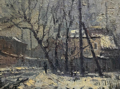 Textured impressionistic oil painting of snowy village by Volodymyr Pashchenko