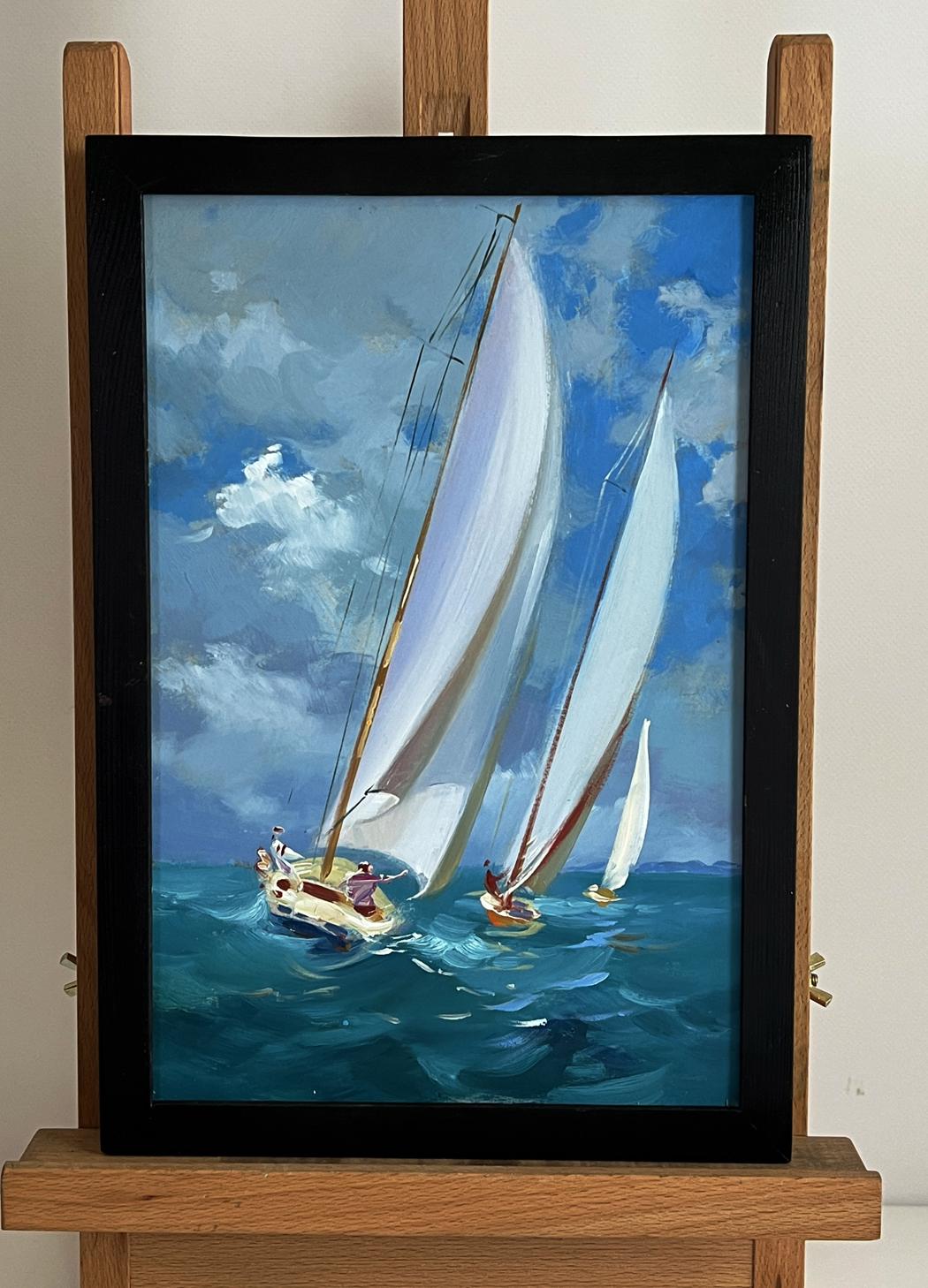 Oil painting of sailboats at sea by Yuriy Suprunchuk in black frame