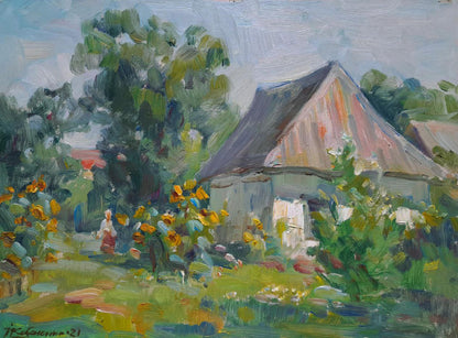 Oil painting The hidden hut by Ivan Kovalenko among trees and flowers