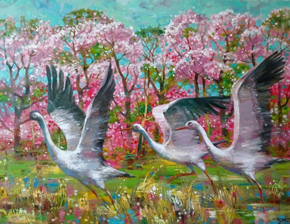 Oil painting Storks on a flower meadow Anatoly Tarabanov