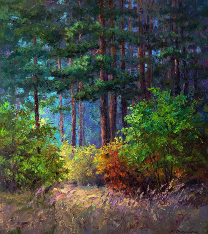 Oil painting The beginning of autumn in the forest by Boris Serdyuk
