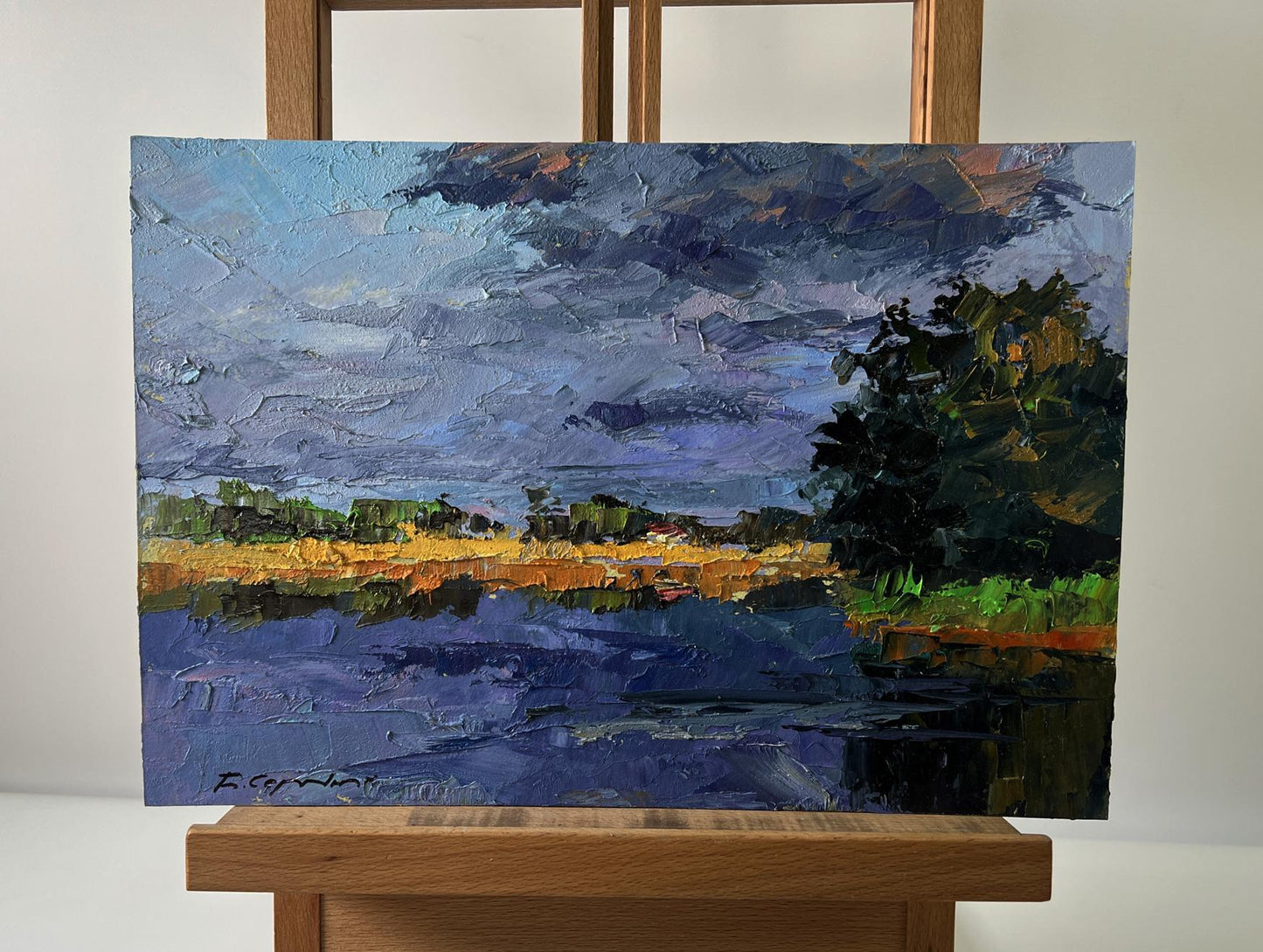 Oil painting of a river near a field by Boris Serdyuk, serene blues