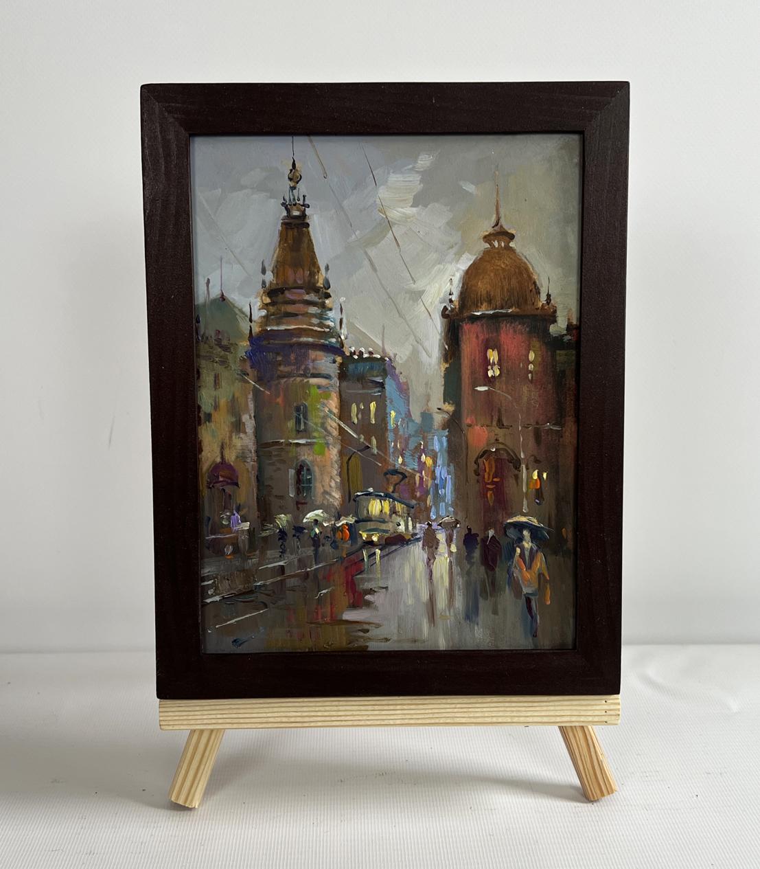Dark wooden-framed oil painting Dynamics of urban life by Yuriy Suprunchuk