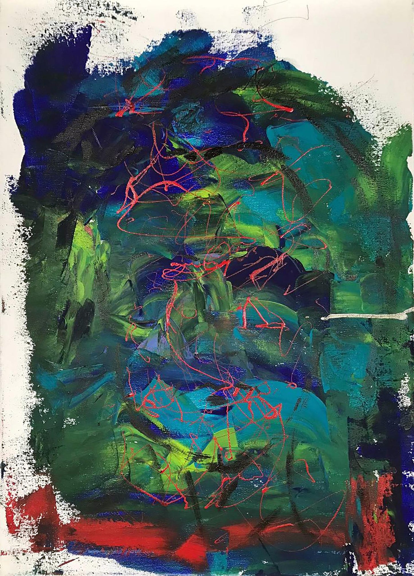 Acrylic Face Olga Melezhik painting with bold blue, green, red strokes
