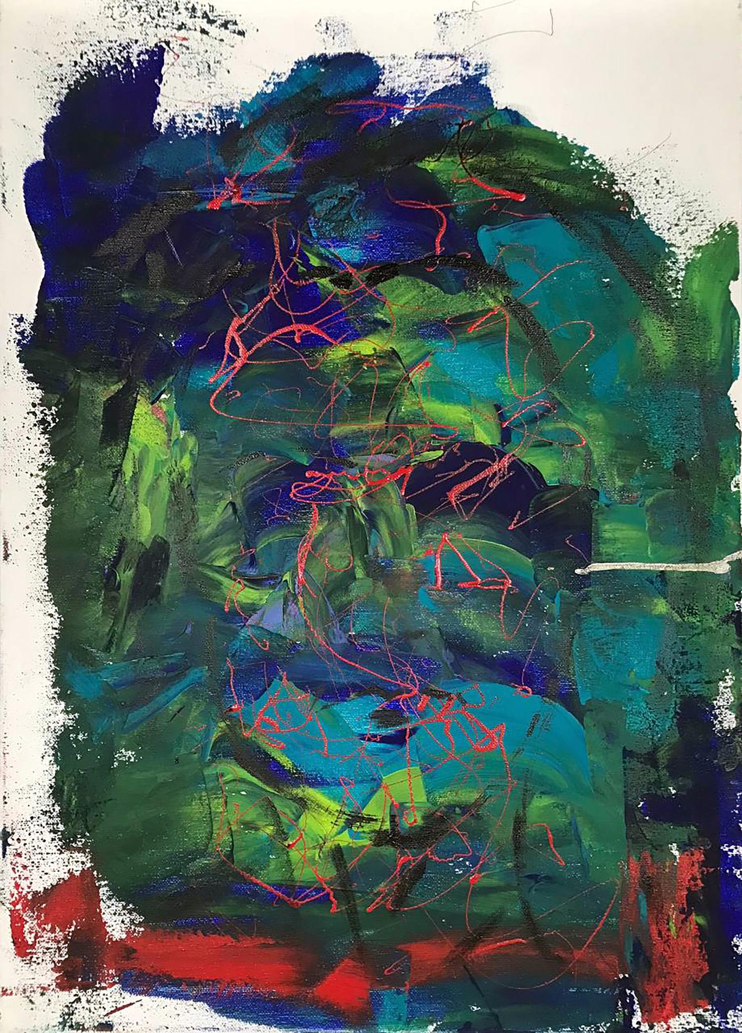 Acrylic Face Olga Melezhik painting with bold blue, green, red strokes