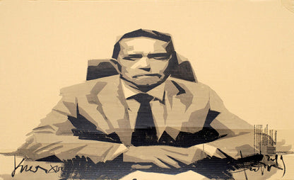 Sepia-toned illustration of Glue Master Dima Filatov in suit at desk