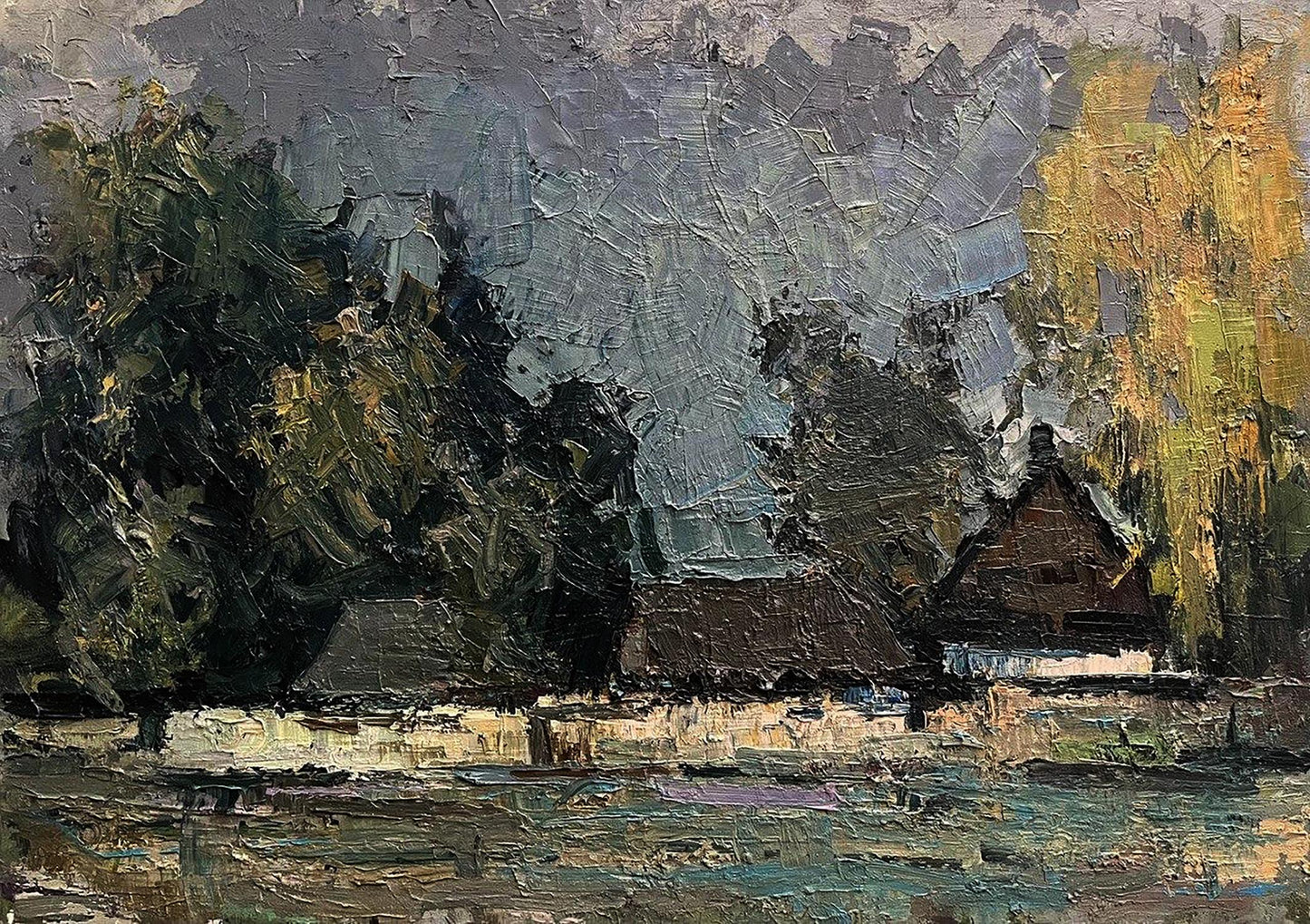 Impressionistic oil painting of rustic house in forest by Volodymyr Pashchenko