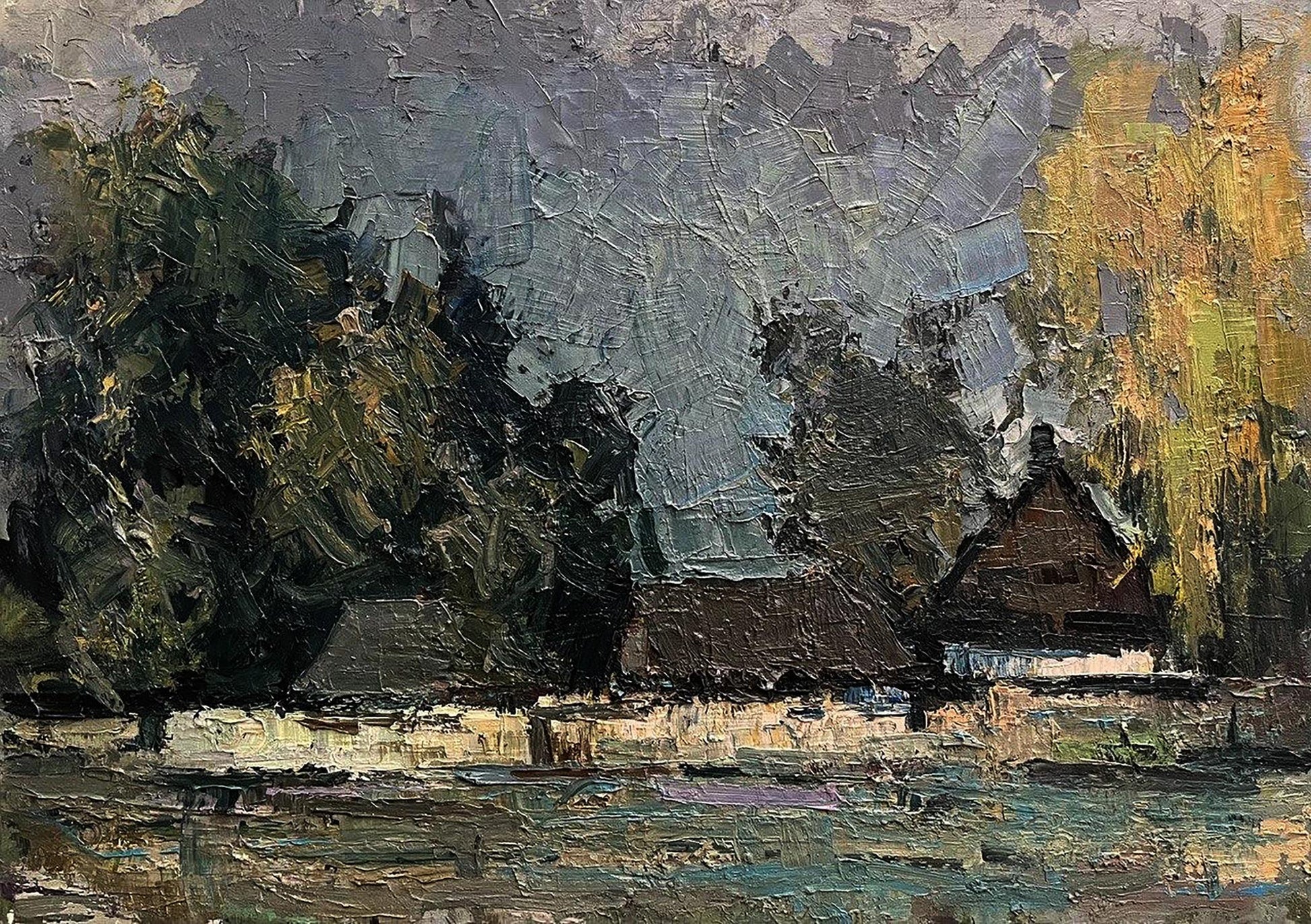 Impressionistic oil painting of rustic house in forest by Volodymyr Pashchenko