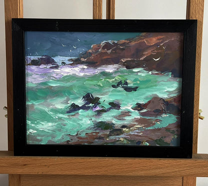 Oil painting Waves at the seashore by Yuriy Suprunchuk, turquoise waves crashing on cliffs