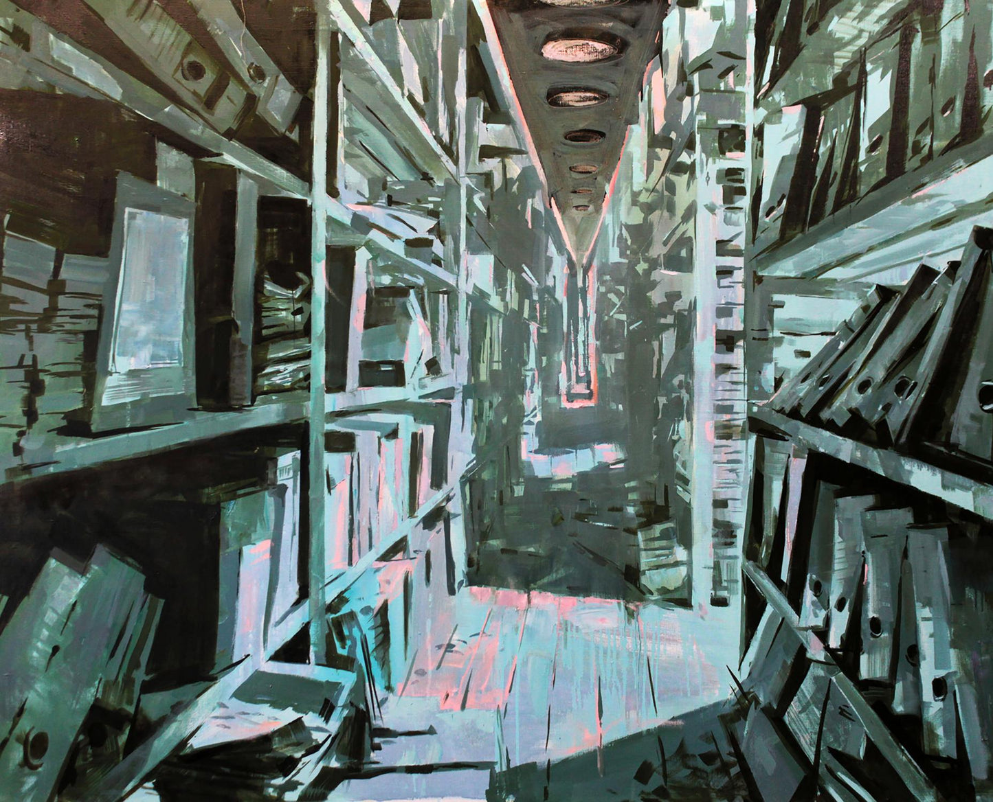 Oil painting Archive Ed Potapenkov: narrow aisle with tall shelves of dark gray black file folders