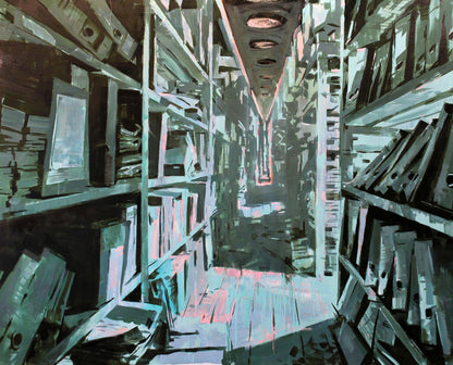 Oil painting Archive Ed Potapenkov: narrow aisle with tall shelves of dark gray black file folders