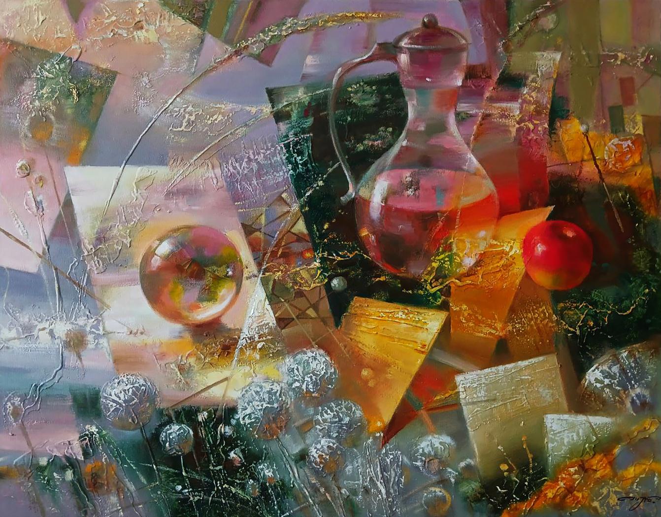 Translucent glass pitcher with metallic lid in Anatoly Tarabanov Golden Day painting