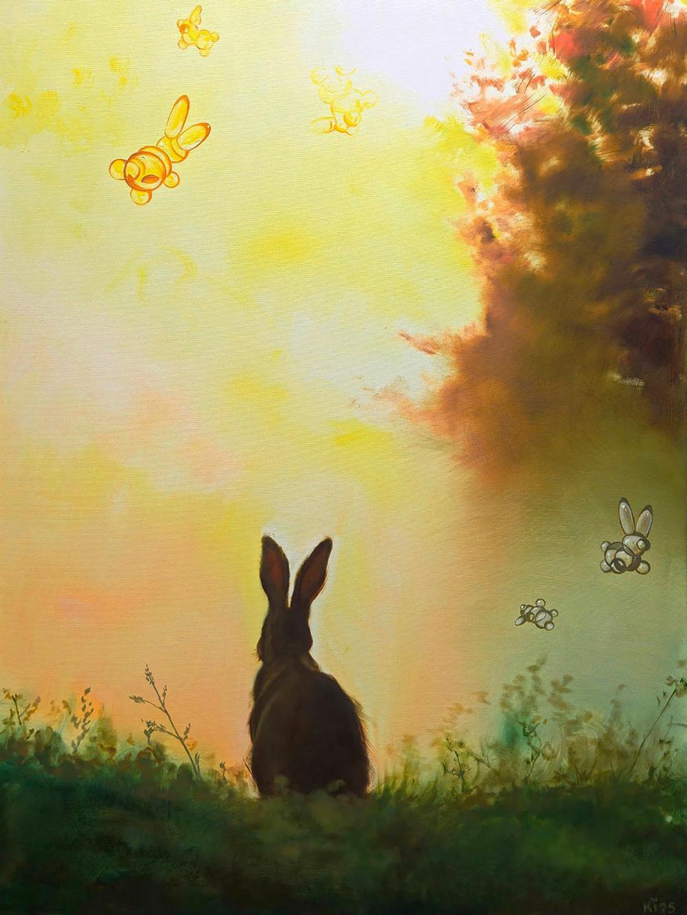 Oil painting of Igor Konovalov hare silhouette in foggy golden grass sky