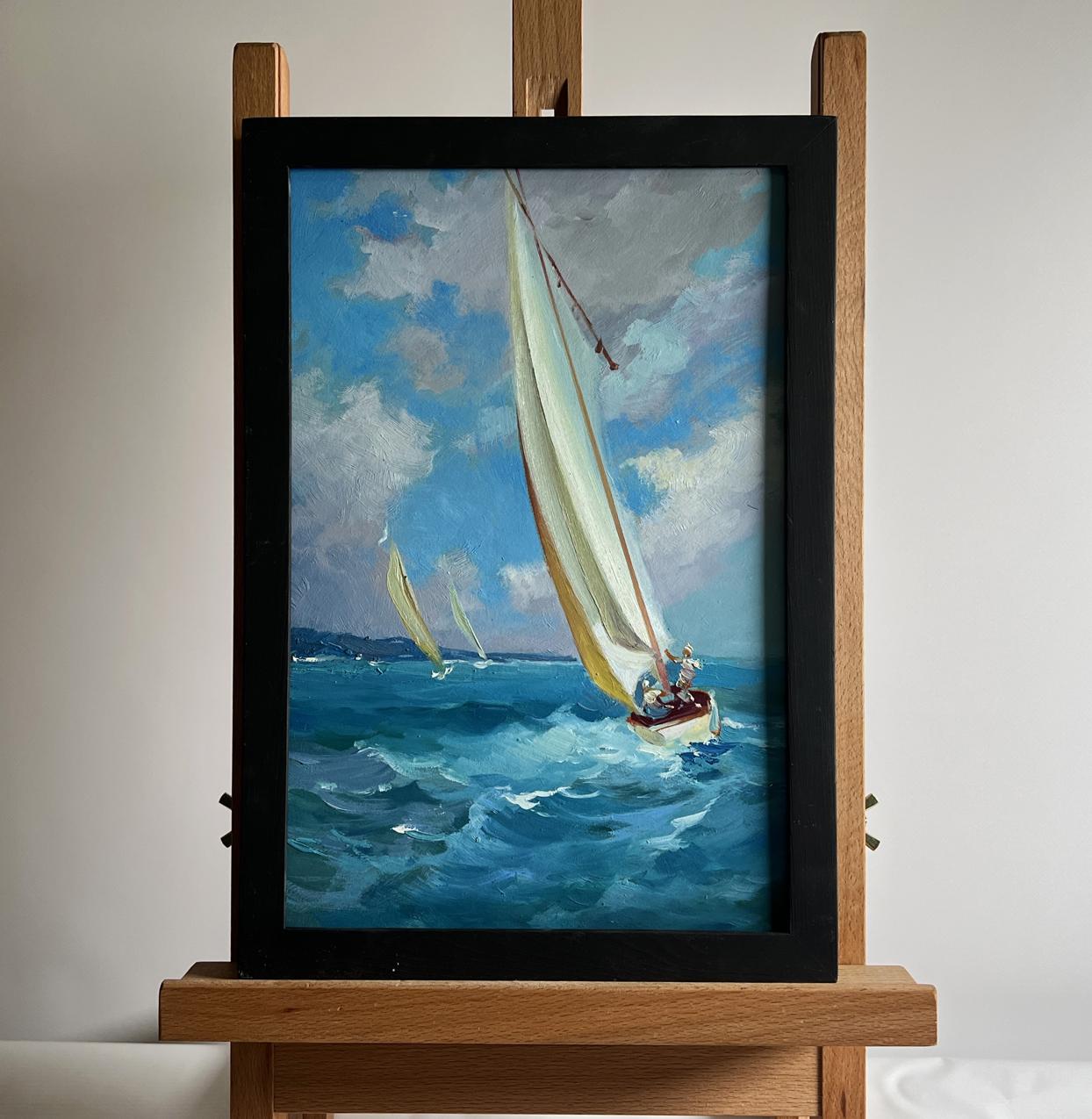 Oil painting of sailboat on blue waves by Yuriy Suprunchuk in black frame