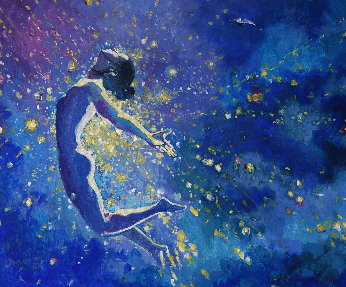 Acrylic painting Flight to the Dream by Anatoly Varvarov: woman in blue dress floating in cosmos