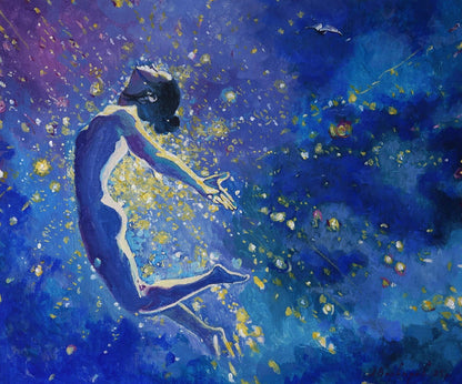 Acrylic painting Flight to the Dream by Anatoly Varvarov: woman in blue dress floating in cosmos