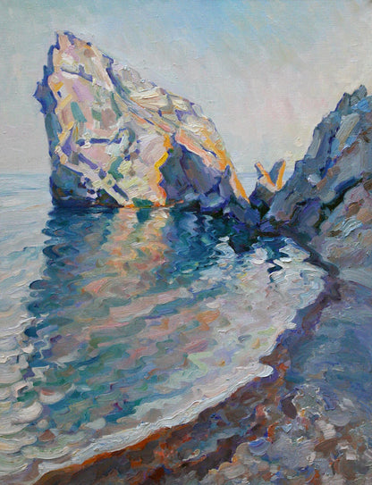 Oil painting Rock on the seashore by Leonid Pavlenko, purple ochre rocks in turquoise water
