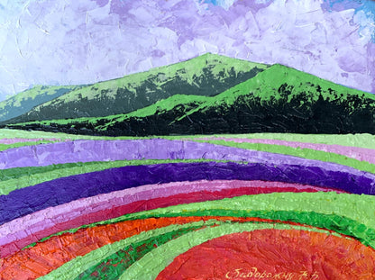 Oil painting of high green mountains by V. Zadorozhnya with vibrant stripes