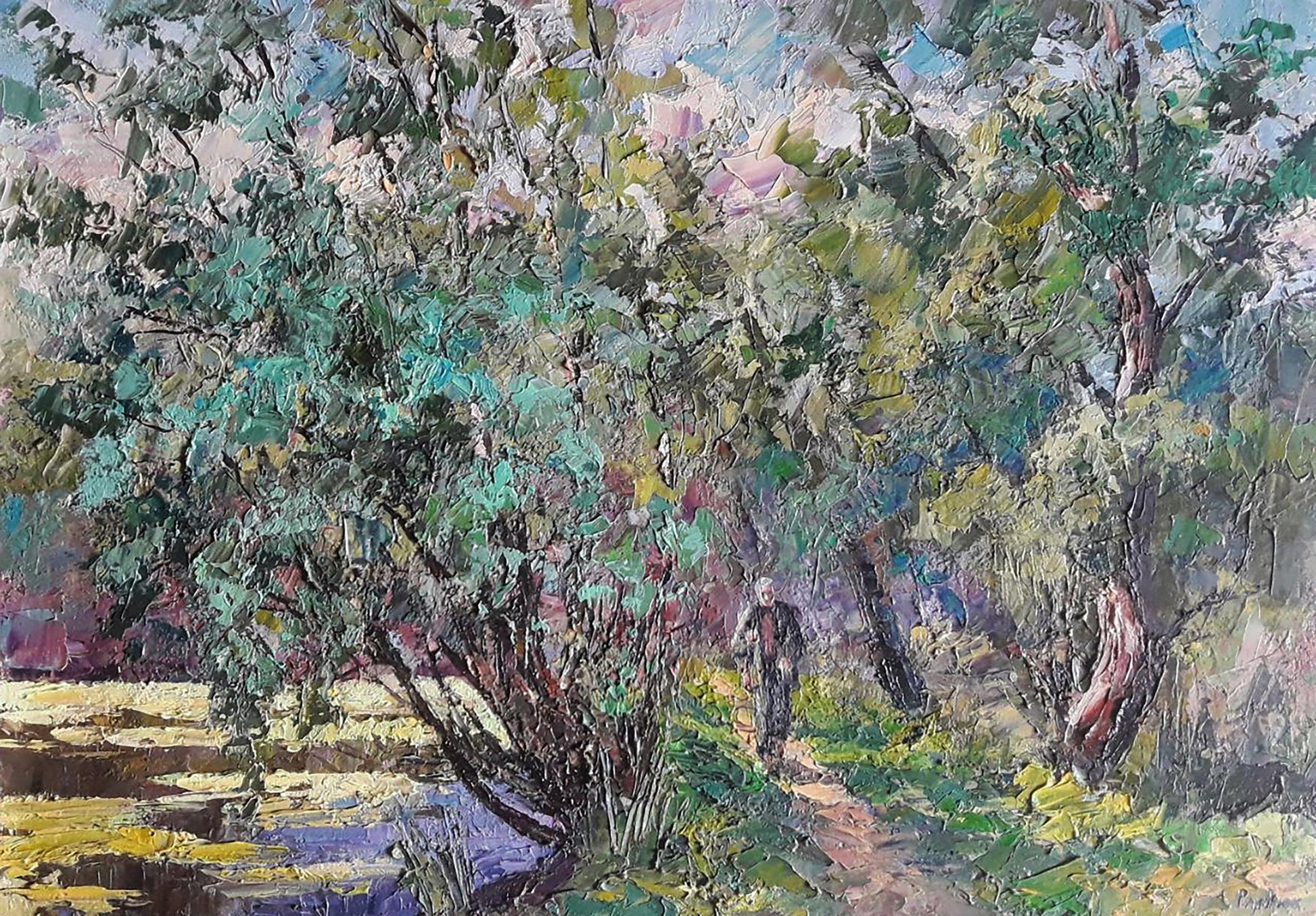 Textured impressionist oil painting On the Hunt by Boris Serdyuk wooded scene