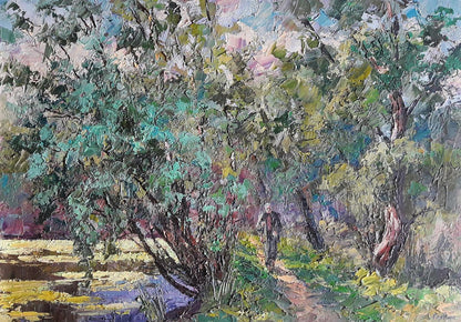 Textured impressionist oil painting On the Hunt by Boris Serdyuk wooded scene