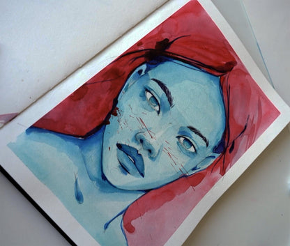 Watercolor portrait Cold and Heat by Victoria Kagalovska, blue skin red hair