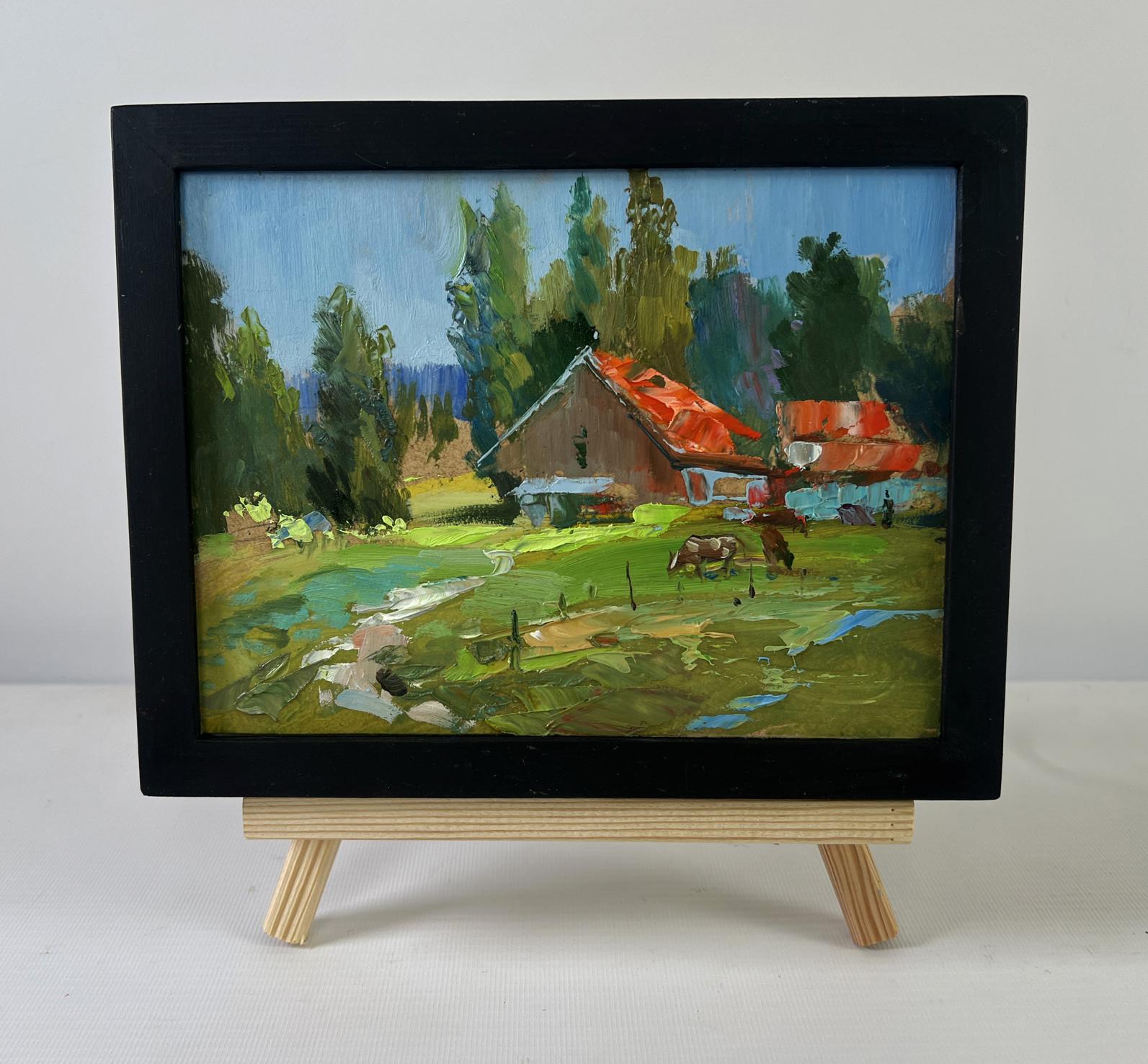 Oil painting of small village world by Yuriy Suprunchuk rustic countryside scene
