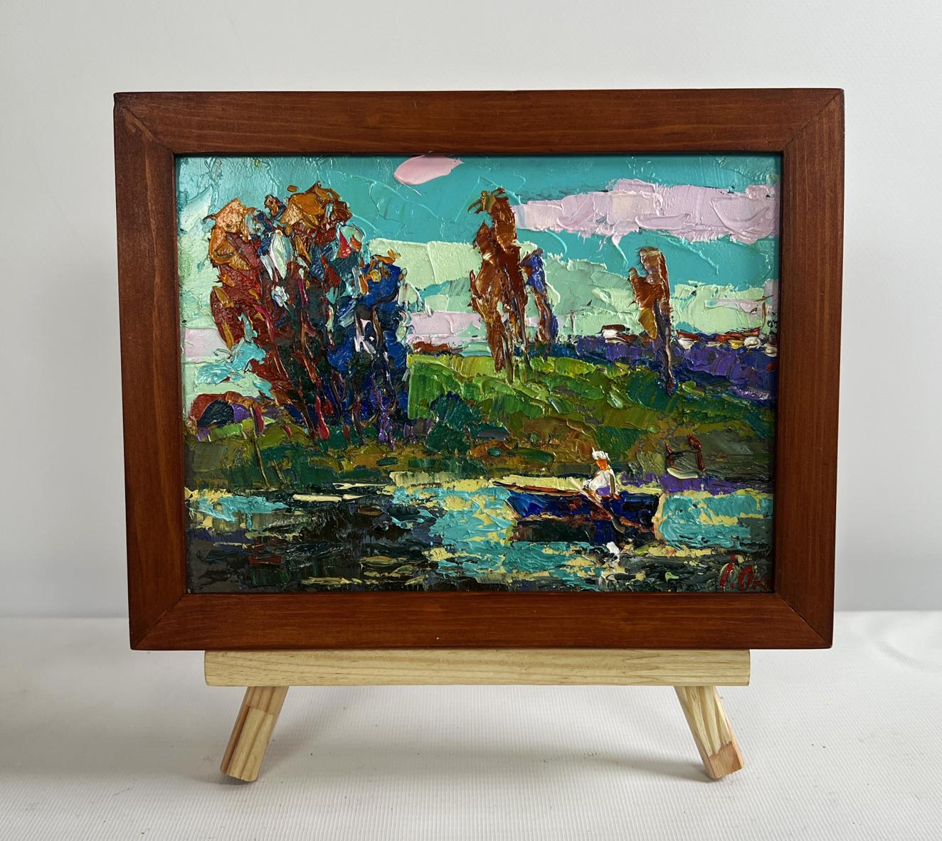 Oil painting Relaxation on the River by Oksana Ivanyuk in wooden frame