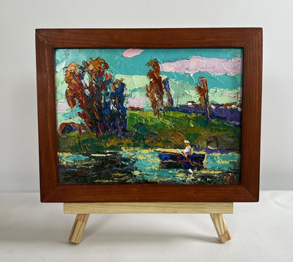 Oil painting Relaxation on the River by Oksana Ivanyuk in wooden frame
