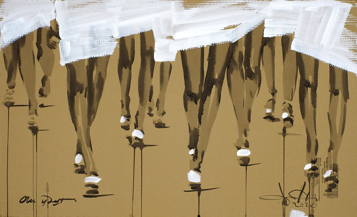 Abstract acrylic painting Remix by Dima Filatov: stylized legs in brown tones with white drapes