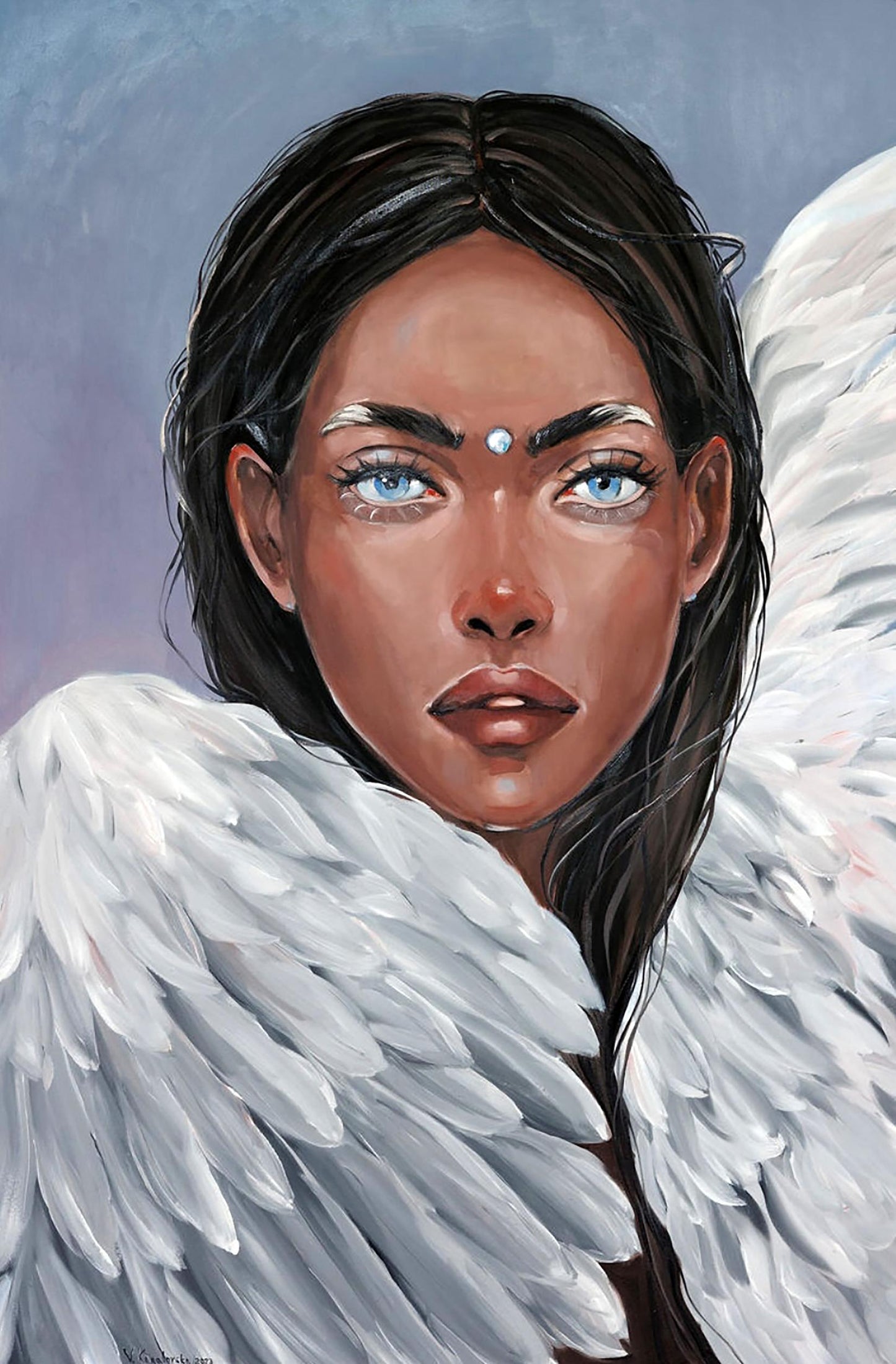 Oil painting Wings by Victoria Kagalovska: winged woman with dark hair blue eyes