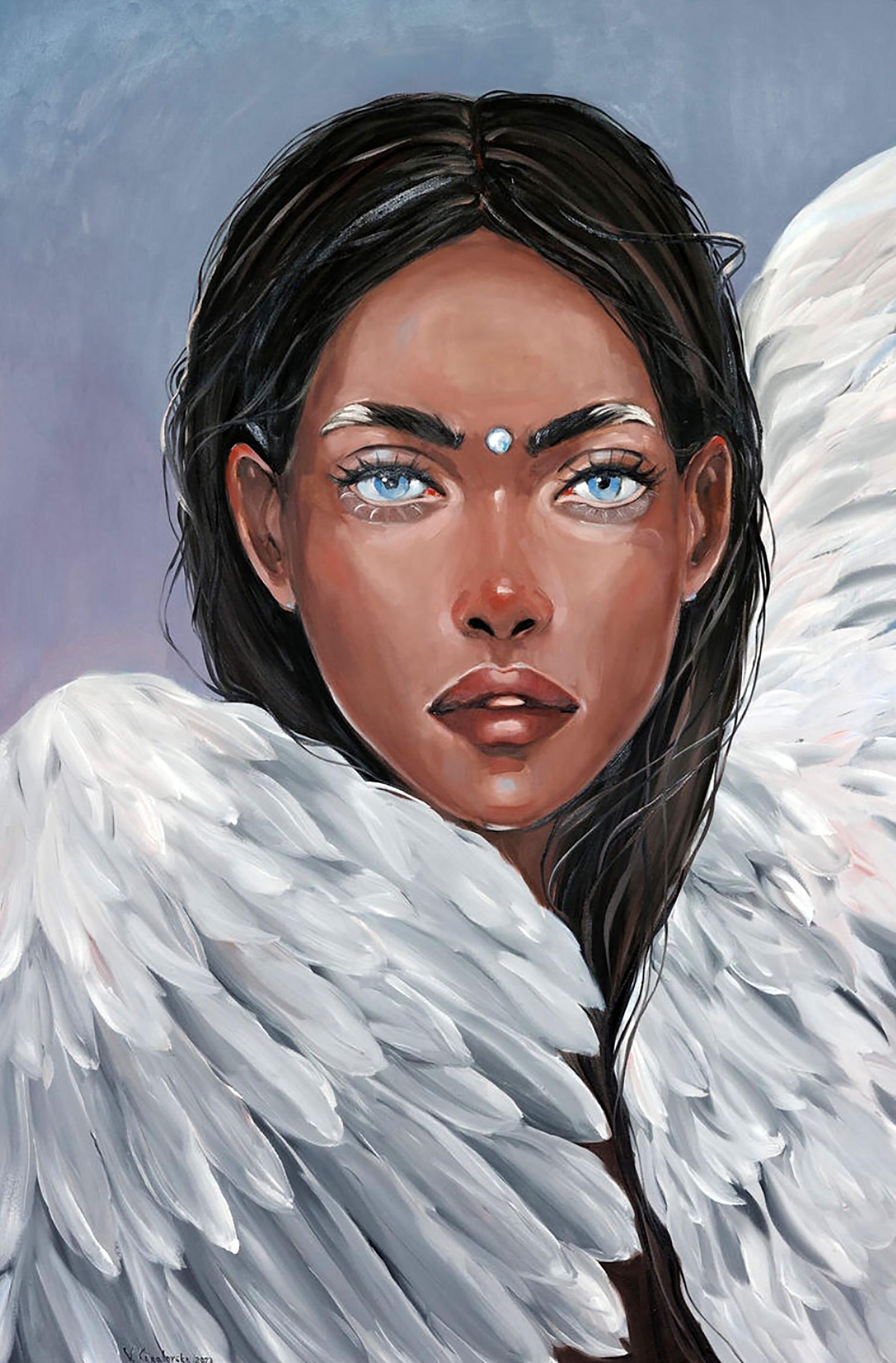 Oil painting Wings by Victoria Kagalovska: winged woman with dark hair blue eyes