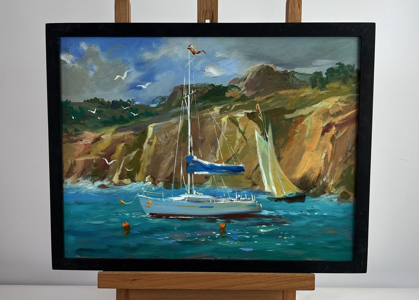 Oil painting by Yuriy Suprunchuk: sailboats on turquoise water by cliffs