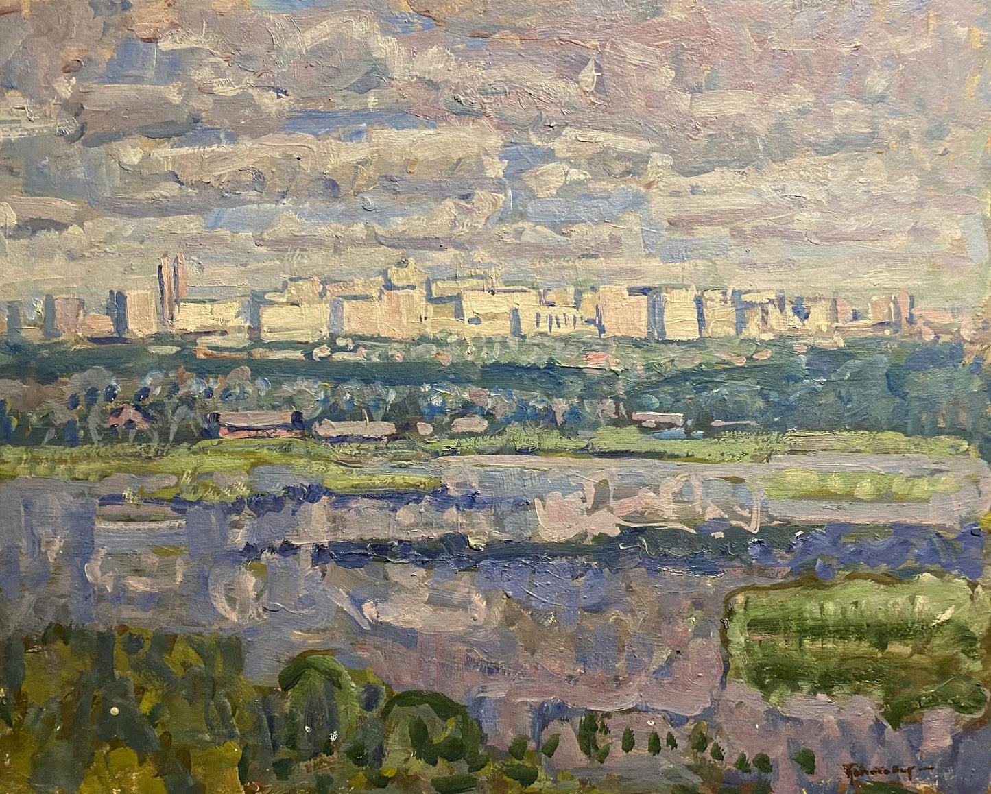 Impressionistic oil painting of white houses by Georgy Kolosovsky