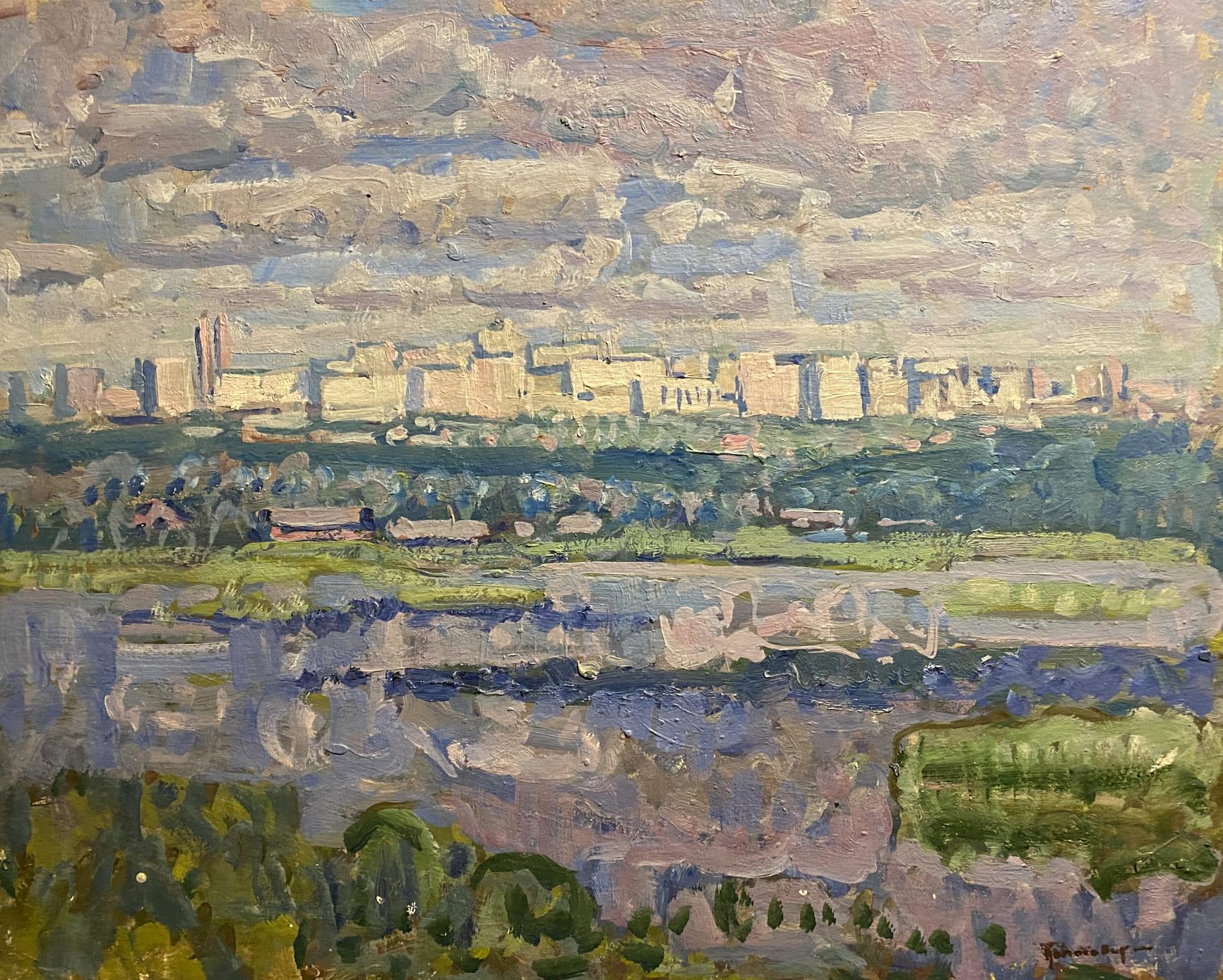 Impressionistic oil painting of white houses by Georgy Kolosovsky