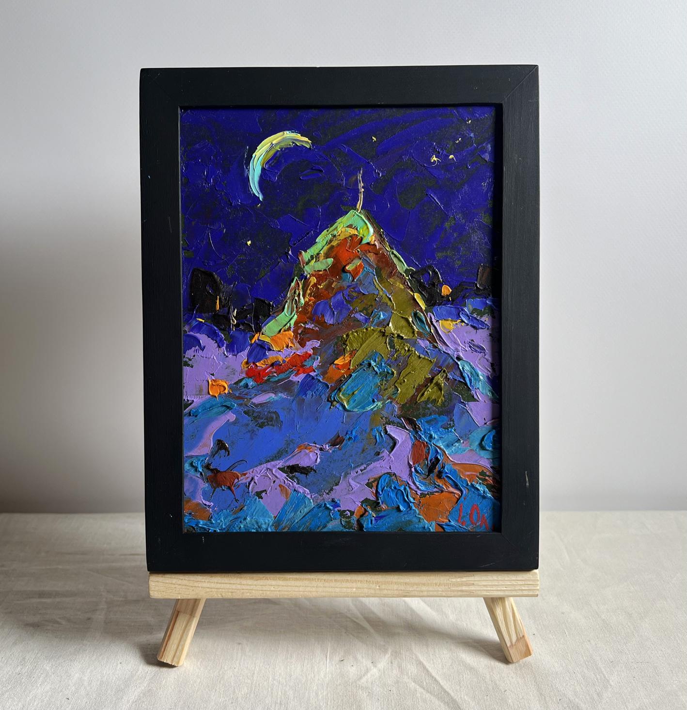 Oil painting Moonlit Night in the Field by Oleksiy Ivanyuk, vibrant textured mountain under crescent moon