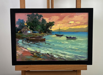Oil painting Boats at Sunset by Yuriy Suprunchuk lakeside scene