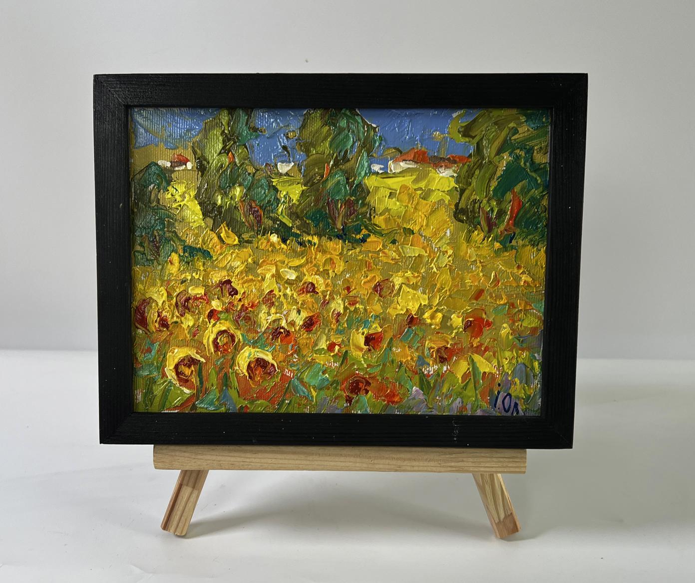 Vibrant Oleksiy Ivanyuk sunflower field oil painting in black wood frame