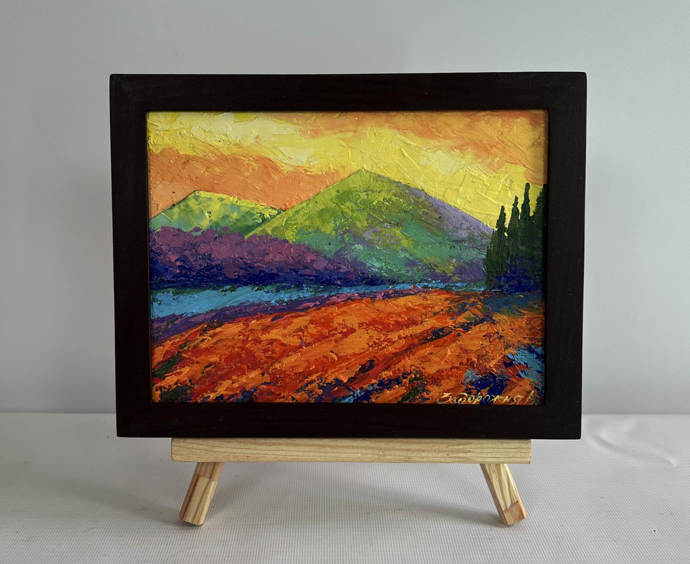 Oil painting Evening walk near the mountains by V. Zadorozhnya in black frame