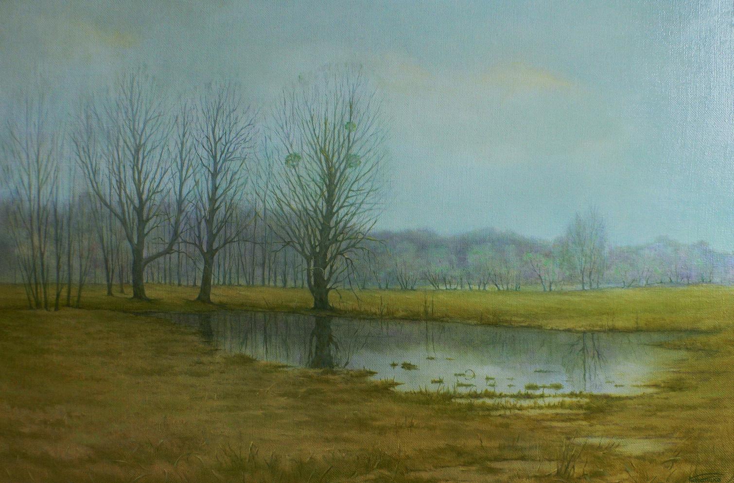 Oil painting Autumn swamp by Vasily Korkishko: misty landscape with bare trees reflected in still water