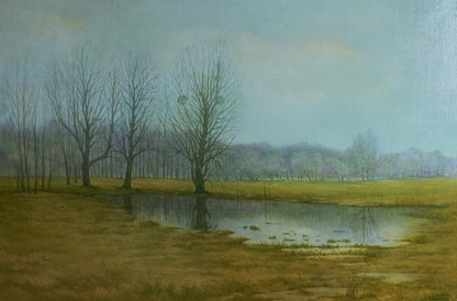 Oil painting Autumn swamp by Vasily Korkishko: misty landscape with bare trees reflected in still water