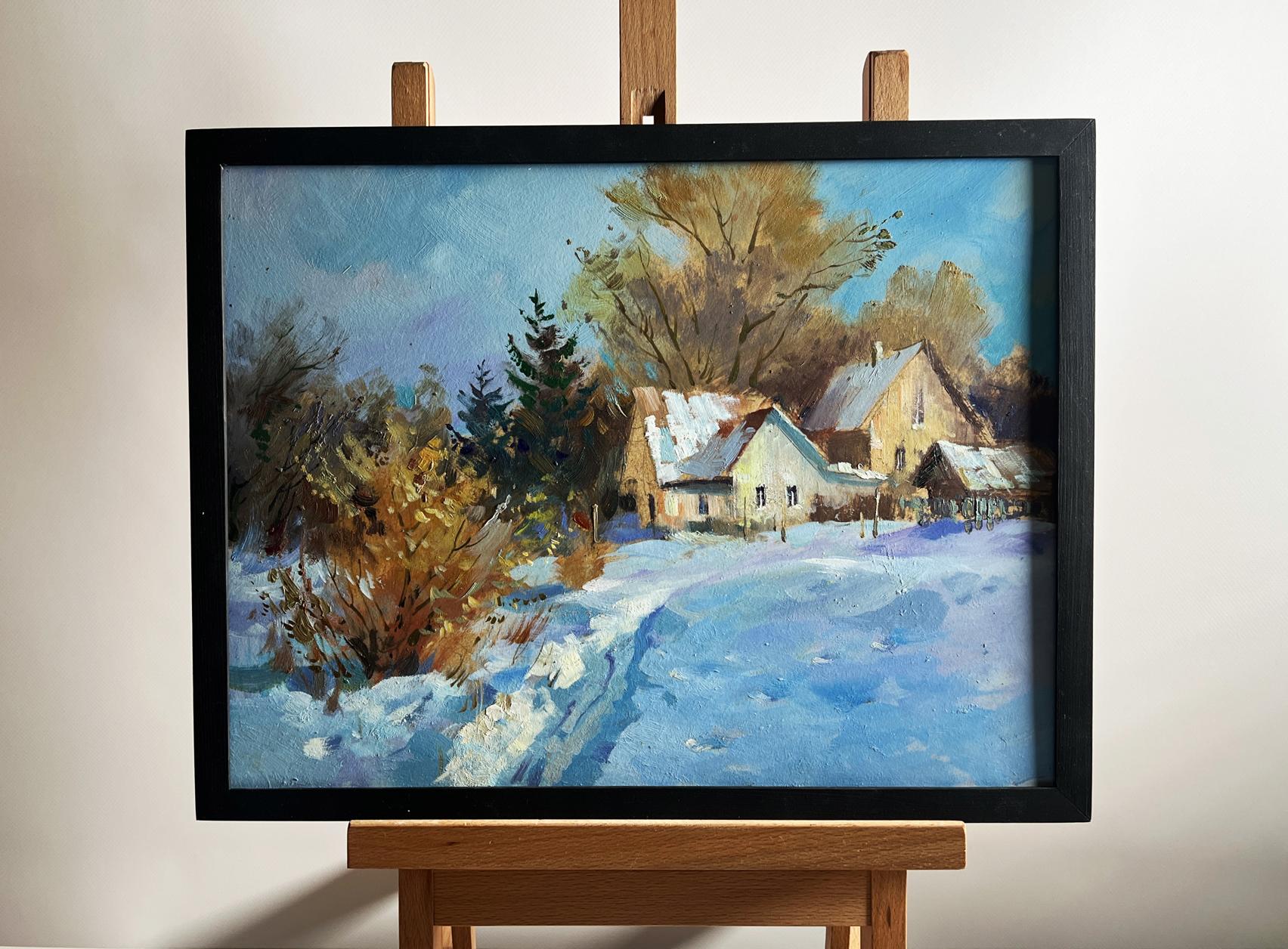 Framed oil painting of winter snowdrifts near house by Yuriy Suprunchuk