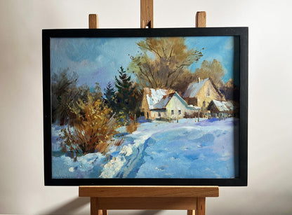 Framed oil painting of winter snowdrifts near house by Yuriy Suprunchuk