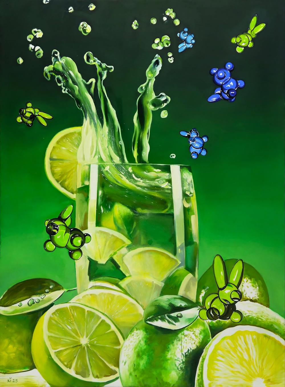 Oil painting of vibrant green lime juice glass with ice, limes, cartoon creatures by Igor Konovalov
