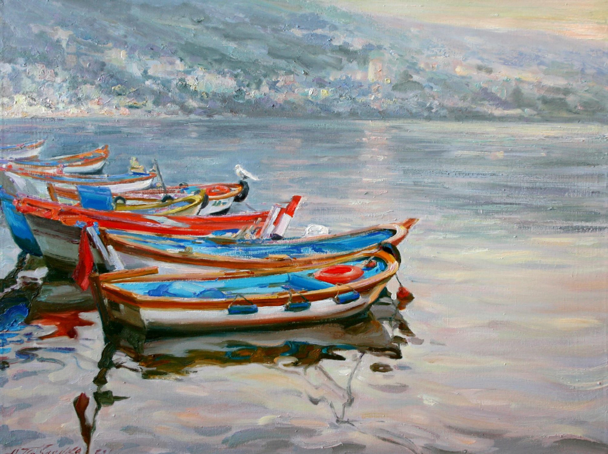 Oil painting of vibrant boats by Leonid Pavlenko in calm waters