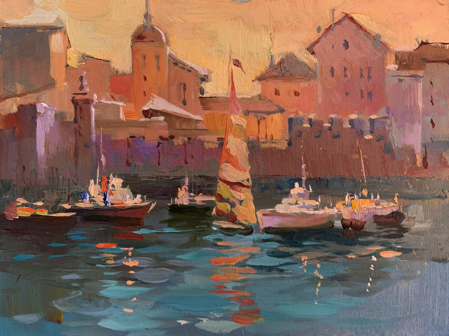 Vibrant impressionist oil painting Evening at the yacht club by Yuriy Suprunchuk