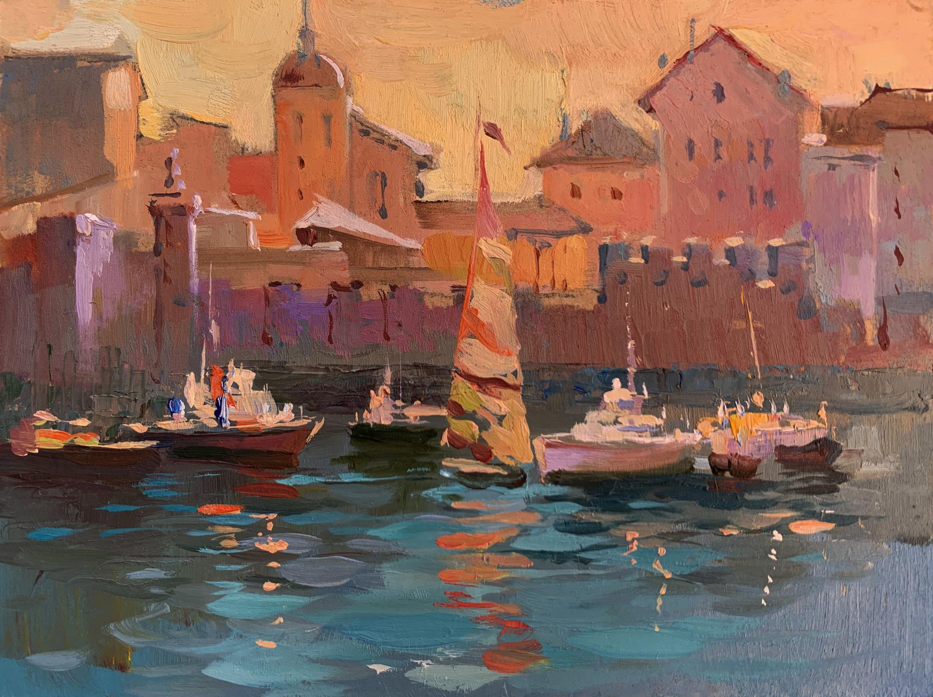Vibrant impressionist oil painting Evening at the yacht club by Yuriy Suprunchuk